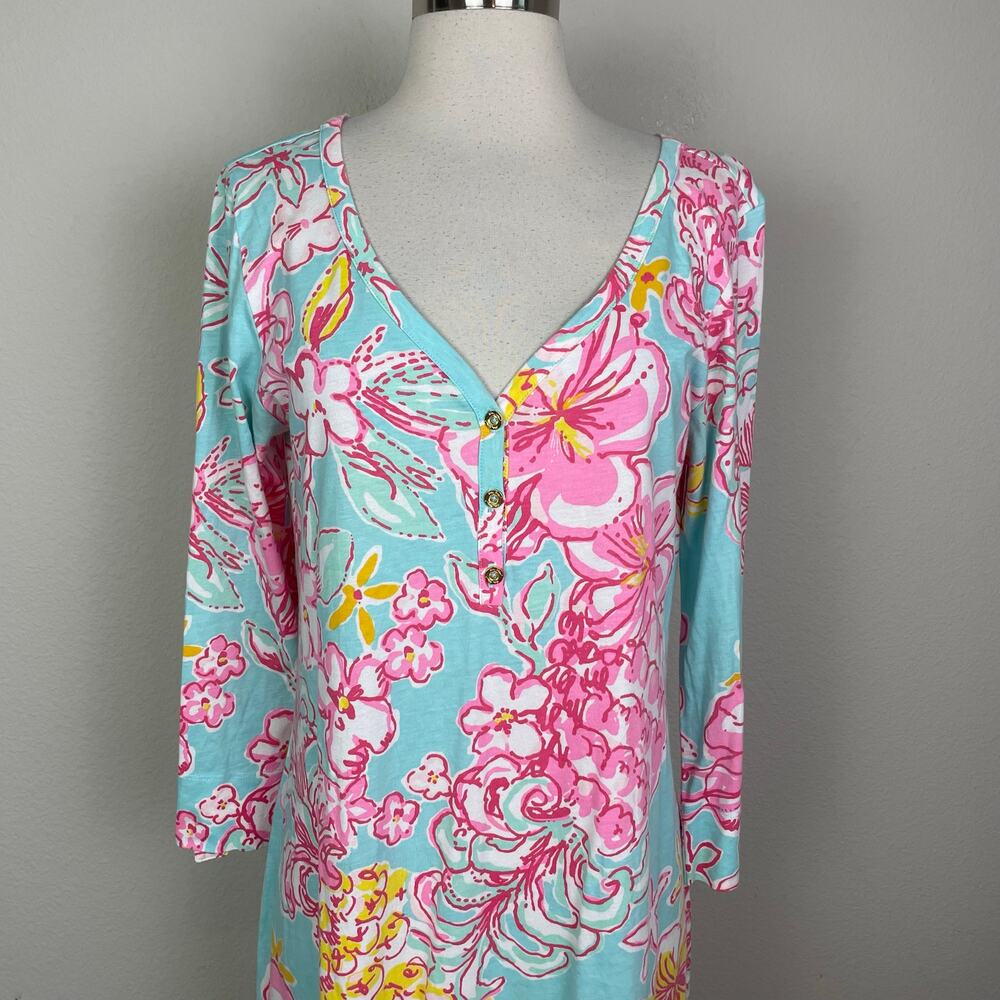 Lilly Pulitzer Blue Pink Floral Long Sleeve Knit Dress Style 20759 Large - Picture 3 of 8